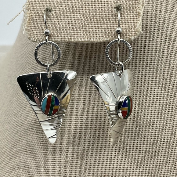 90's Handmade Sterling Silver Sail-Inspired Earrings with Multicolored Inlay - Picture 13 of 17